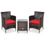 Gymax 3-Pieces Patio Outdoor Rattan Wicker Furniture Set with Red Cushioned Chairs Coffee Table - Image 1