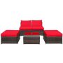 5-pcs Wicker Outdoor Patio Furniture Set with Coffee Table Ottoman Red Cushion - Image 1