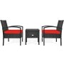 Gymax 3-Pieces Wicker Patio Conversation Furniture Set w/ Storage Table Red Cushion - Image 1