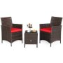 3-Pieces Outdoor Rattan Conversation Set Patio Furniture Set w/ Red Cushions - Image 1