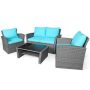 4-Pieces Patio Rattan Conversation Set Outdoor Furniture Set w/ Turquoise Cushions - Image 1