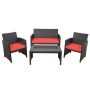 4-Pieces Rattan Patio Conversation Set Outdoor Furniture Set w/ Red Cushions - Image 1