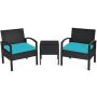 Gymax 3-Pieces Rattan Patio Wicker Conversation Furniture Set Outdoor Yard with Turquoise Cushions - Image 1