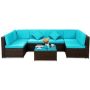 7-Piece Wicker Patio Conversation Set with Blue Cushion and Coffee Table - Image 1
