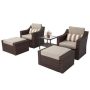 Brown 5-Piece Wicker Patio Conversation Set with Beige Cushions - Image 1