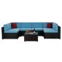 Brown Wicker 7-Piece Modular Outdoor Sectional Patio Furniture Conversation Sofa Set w/Blue Cushion - Image 1