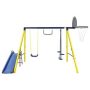 Metal Outdoor Swing Set with Climbing Wall, Cover, Swing, and Tower Steel Frame, Swing n' Slide, Basketball Hoop - Image 1