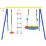 Metal Outdoor Swing Set with Steel Frames, Climbing Rope, Disc Tree Swing Playset and Basketball Hoop in Yellow - Image 1