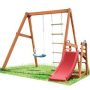 Sudzendf Wood Outdoor Swing Set with Swing, Climbing Rope ladders and Slide in Red - Image 1