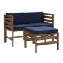 Welwick Designs Dark Brown 3-Piece Acacia Wood Modular Patio Conversation Set w/ Navy Cushion - Image 1