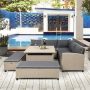 Light Brown 6-Piece PE Wicker Rattan Outdoor Conversation Set Sectional Sofa with Table, Benches and Gray Cushions - Image 1