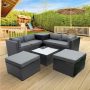 6-Piece Patio PE Rattan Wicker Outdoor Conversation Sofa Set with Table, Stools, Storage Box and Cushions, Black - Image 1