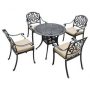 5-Piece Antique Bronze Aluminum Outdoor Dining Set with Washed Beige Cushions and Umbrella Hole - Image 1