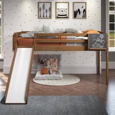 HOMESTOCK-Latte-Twin-Size-Kids-Wood-Loft-Bed-w-Slide-and-Ladder