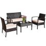 Costway Black 4-Piece Wicker Outdoor Garden Patio Conversation Set w/ Gray Cushions - Image 1