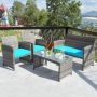 Costway 4-Piece Wicker Patio Conversation Outdoor Sofa Garden Coffee Table Set w/ Turquoise Cushions - Image 1