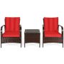 Costway Mix Brown 3-Piece Rattan Wicker Outdoor Furniture Patio Conversation Set w/ Orange Cushions - Image 1