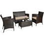 Costway Brown 4-pc Wicker Patio Conversation Set with Khaki Cushions Garden Rattan Furniture Set Coffee Table Sofa - Image 1