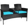 Costway Wicker Patio Rattan Conversation Set w/ Turquoise Cushions - Image 1