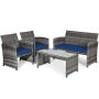 Costway 4-Piece Wicker Patio Conversation Set with Navy Cushions - Image 1