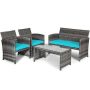 Costway 4-Piece Wicker Patio Conversation Set w/ Turquoise Cushions - Image 1