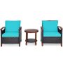 Costway 3-Pieces Patio Rattan Furniture Set Wooden Frame Table Shelf w/ Turquoise Cushion - Image 1