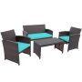 Costway Brown 4-Piece Rattan Furniture Set Patio Conversation Set w/ Turquoise Cushions - Image 1
