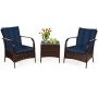 CASAINC 3-pc Metal Rattan Patio Conversation Set with CushionGuard Navy Cushions - Image 1