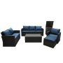 7-Piece Wicker Patio Conversation Set with Navy Blue Cushions - Image 1