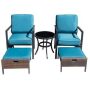 Black Frame 5-Piece Metal Bar Height Outdoor Bistro Set with Blue Cushion and Square Side Table and 2 Ottomans - Image 1