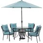 Hanover Lavallette 5-pc Steel Outdoor Dining Set with Ocean Blues Cushions, Chairs, Glass-Top Table, Umbrella and Base - Image 1