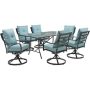 Hanover Lavallette 7-pc Steel Outdoor Dining Set with Ocean Blues Cushions, Swivel Rockers and a Glass-Top Table - Image 1