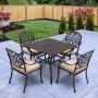 LAUREL CANYON Dack Brown 5-Piece Aluminum Square Table and Stackable Chairs Outdoor Dining Set w/ Khaki Cushions and Umbrella Hole - Image 1