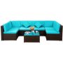 Brown 7-Piece Metal Wicker Outdoor Sectional Set w/ Blue Cushions - Image 1