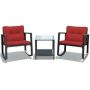 3-Piece PE Wicker Outdoor Sofa Set Patio Conversation Set with Rocking Chairs and Red Cushions - Image 1