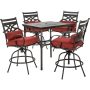 Hanover Montclair 5-Piece Steel Outdoor Bar Height Dining Set with Chili Red Cushions, 4-Swivel Chairs and a 33 in. Dining Table - Image 1