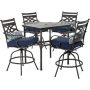 Hanover Montclair 5-pc Steel Outdoor Bar Height Dining Set with Navy Blue Cushions, 4-Swivel Chairs and a 33 in. Dining Table - Image 1