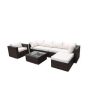 7-Piece Manual Weaving Rattan Wicker Outdoor Sectional Set Sofa with Cream White Cushion and Glass Coffee Table - Image 1