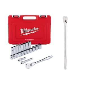 Milwaukee-1-2-in-Drive-SAE-Ratchet--Socket-Mechanics-Tool-Set-with-1-2-in-Drive-90-Tooth-18-in-Extended-Ratchet-23-Piece