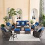 XIZZI Maroon Lake Brown 10-Piece Wicker Patio Conversation Seating Sofa Set with Navy Blue Cushions and Swivel Rocking Chairs - Image 1