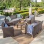 Noble House 5-Piece Plastic Patio Conversation Set w/ Mixed Beige Cushions - Image 1