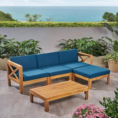 Noble-House-Alcove-Teak-Brown-5-pc-Wood-Patio-Conversation-Set-with-Dark-Teal-Cushions