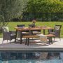 Noble House Annalise 6 pc Wood and Wicker Outdoor Dining Set w/ Beige Cushion - Image 1