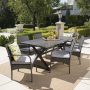 Noble House Ashworth 29 in. Grey 7-pc Metal Rectangular Outdoor Dining Set w/ Grey Cushions - Image 1