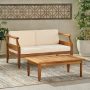 Noble House Aston Teak Brown 2-Piece Wood Patio Conversation Seating Set w/ Cream Cushions - Image 1