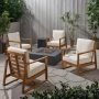 Noble House Belgian Teak Brown 6-Piece Wood Patio Fire Pit Seating Set with Beige Cushions - Image 1