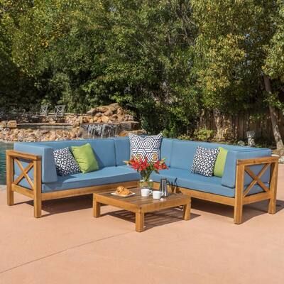 Noble-House-Brava-Teak-Finish-4-pc-Wood-Outdoor-Sectional-Set-with-Blue-Cushions