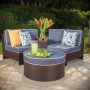 Noble House Brown 4-Piece Wicker Patio Sectional Seating Set w/ Navy Blue Cushions - Image 1