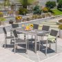 Noble House Cape Coral Silver 7-pc Aluminum and Plastic Outdoor Dining Set with Gray Faux Wood Table Top - Image 1