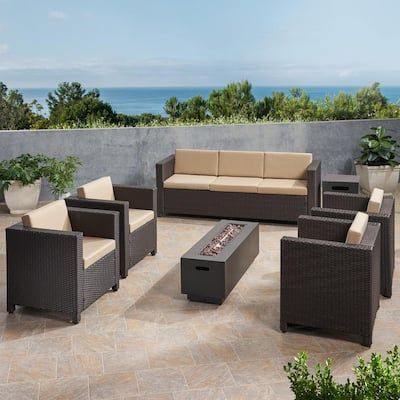 Noble-House-Carlysle-Outdoor-7-Seater-Wicker-Dark-Brown-and-Beige-Chat-Set-w-Fire-Pit